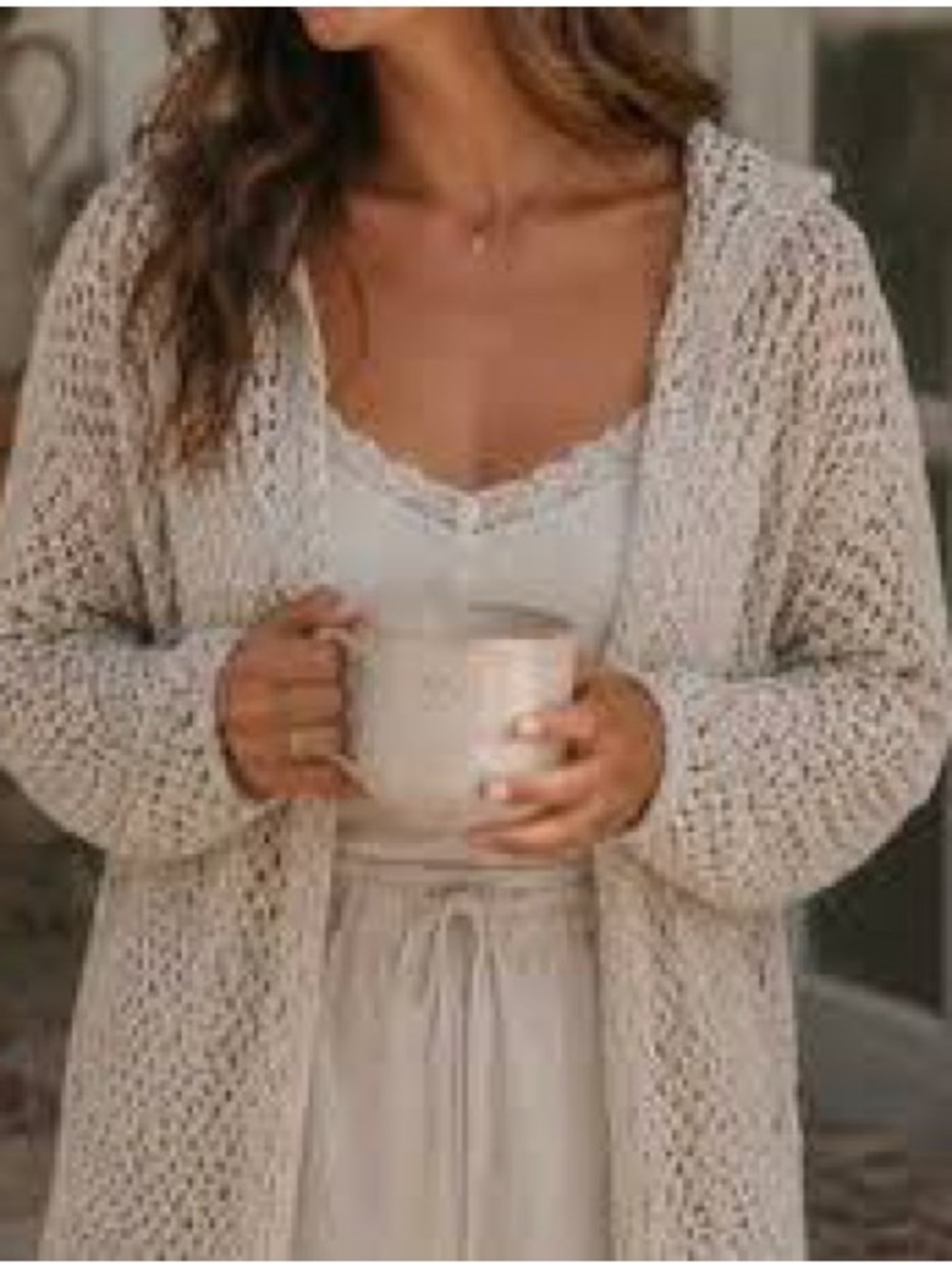 Nicole Miller Cream Open-Weave Hooded Cardigan SZ.M